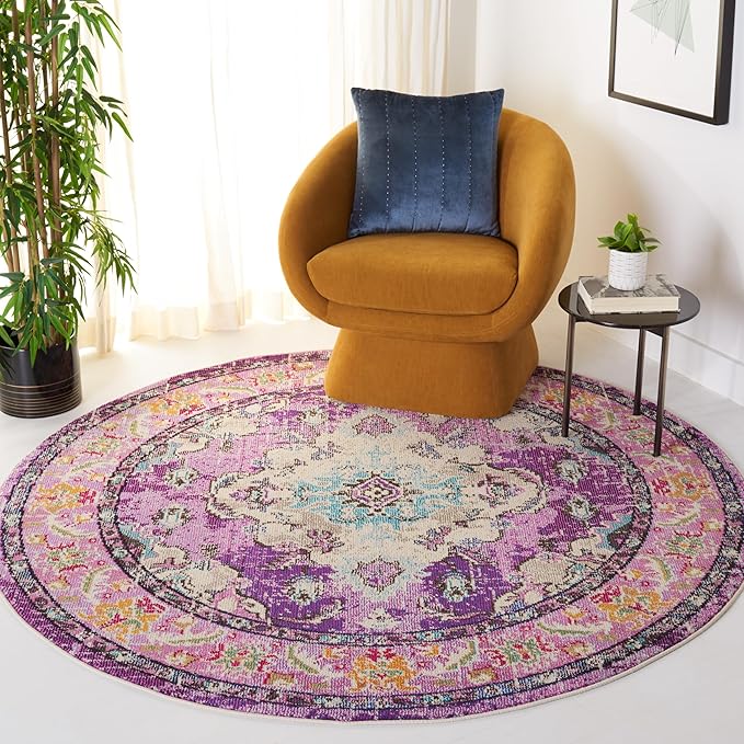 SAFAVIEH Monaco Collection Area Rug - 6'7" Round, Violet & Light Blue, Boho Chic Medallion Distressed Design, Non-Shedding & Easy Care, Ideal for High Traffic Areas in Living Room, Bedroom (MNC243L)