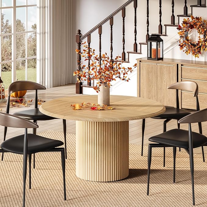 LITTLE TREE 47 Inches Round Dining Table for 4, Farmhouse Natural Wooden Dining Room Table with Fluted Pedestal, Large Circle Kitchen Dinner Table for Dining Room, Living Room (Table Only)