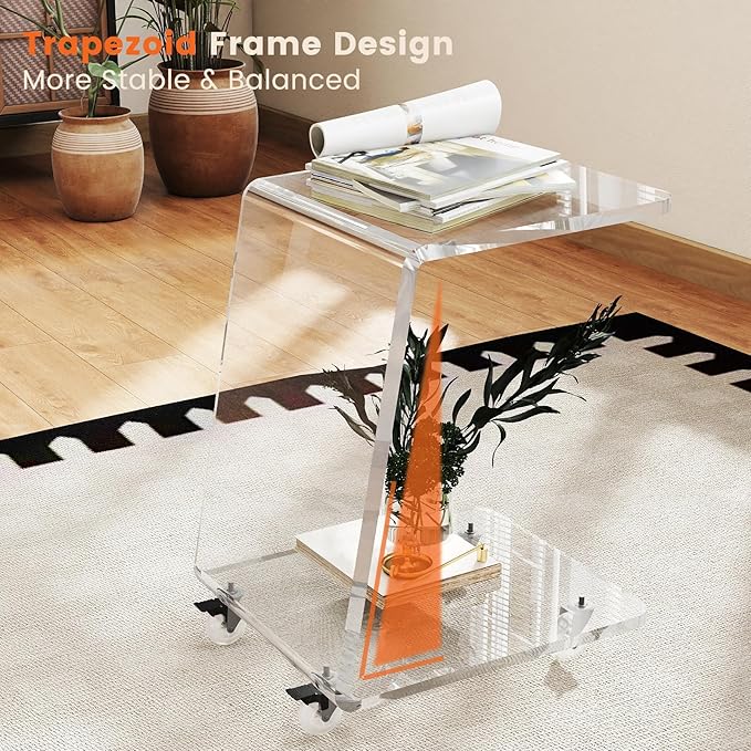 Modern Acrylic Side Table, Mobile C Shaped End Table for Sofa, Invisible Style Nightstand/Drink Tables/Snack Rolling Cart - Unique Stable Trapezoid Frame Design