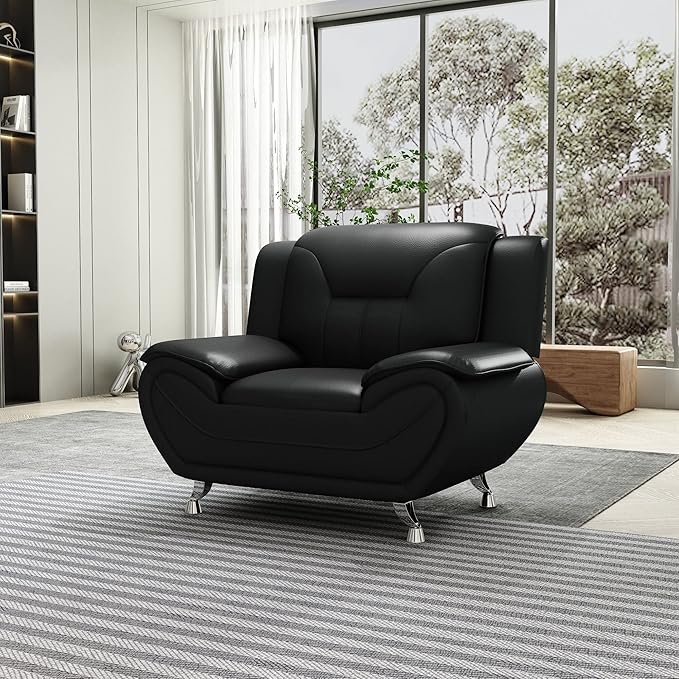 Container Furniture Direct Michael Modern Faux Leather Upholstered Stainless Steel Legs Living Room, Chair, Black