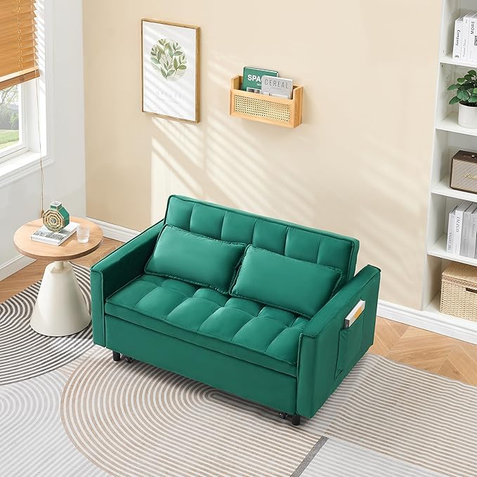 Ball & Cast 55" Convertible Sofa Bed,3 in 1 Sleeper Sofa W/Pull-Out Bed,Convertible Pull Out Couch W/2 Pillows,Adjustable Backrest & Side Pocket,Velvet Futon Couches for Living Room,Apartment,Green