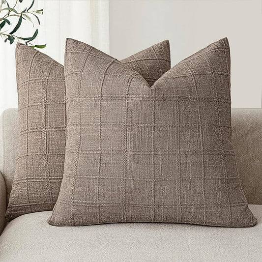 Foindtower Set of 2 Decorative Linen Check Throw Pillow Covers Neutral Farmhouse Vintage Cushion Covers Modern Boho Home Decor for Sofa Chair Couch Bedroom Living Room Outdoor,20×20 Inch,Tan Taupe