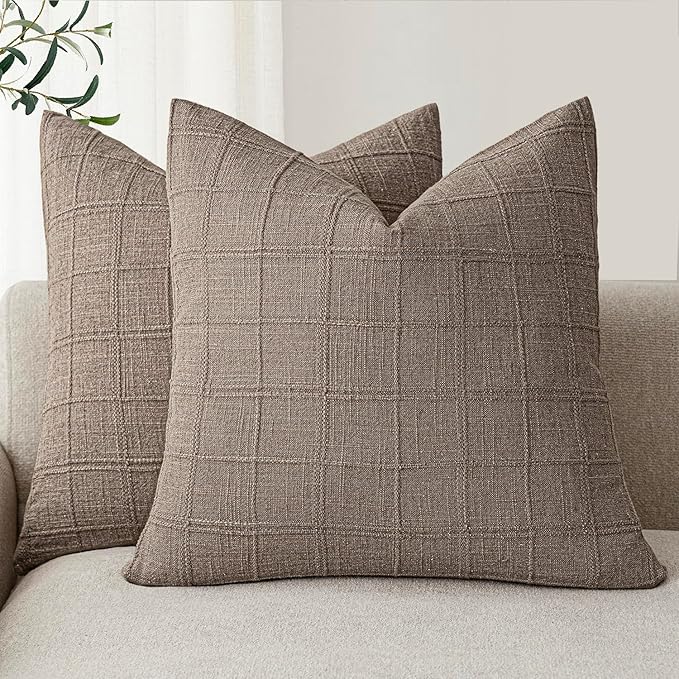 Foindtower Set of 2 Decorative Linen Check Throw Pillow Covers Neutral Farmhouse Vintage Cushion Covers Modern Boho Home Decor for Sofa Chair Couch Bedroom Living Room Outdoor,24×24 Inch,Tan Taupe