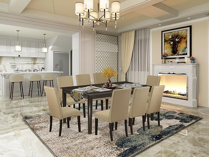 East West Furniture HEDR9-CAP-03 9 Piece Dining Room Table Set Includes a Rectangle Kitchen Table with Pedestal and 8 Brown Linen Fabric Parson Dining Chairs, 42x72 Inch, Cappuccino