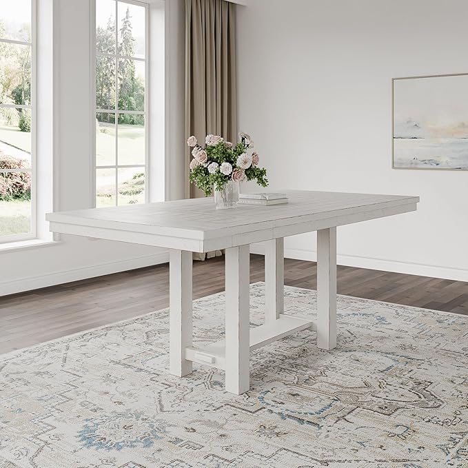 Signature Design by Ashley Robbinsdale Farmhouse Distressed Counter Height Dining Extension Table with Trestle Base, Planked Effect and 2 Removable End Leaves, White