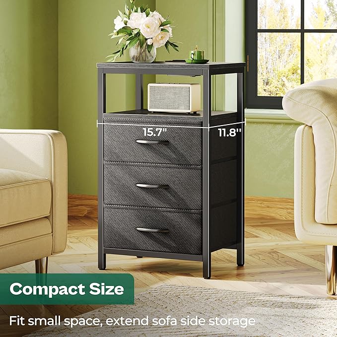 Huuger Nightstands Set of 2, 27.6 Inch End Tables with Charging Station, Bed Side Tables with Fabric Drawers, USB-C Port and Outlet, Night Stands for Bedroom, Black