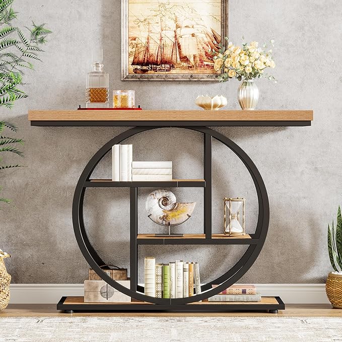 Tribesigns 41.3" Console Table, Industrial 4-Tier Sofa Table Entryway Table with Circle Base, Narrow Wood Accent Tables with Storage Shelves for Living Room, Hallway, Foyer, Light Brown