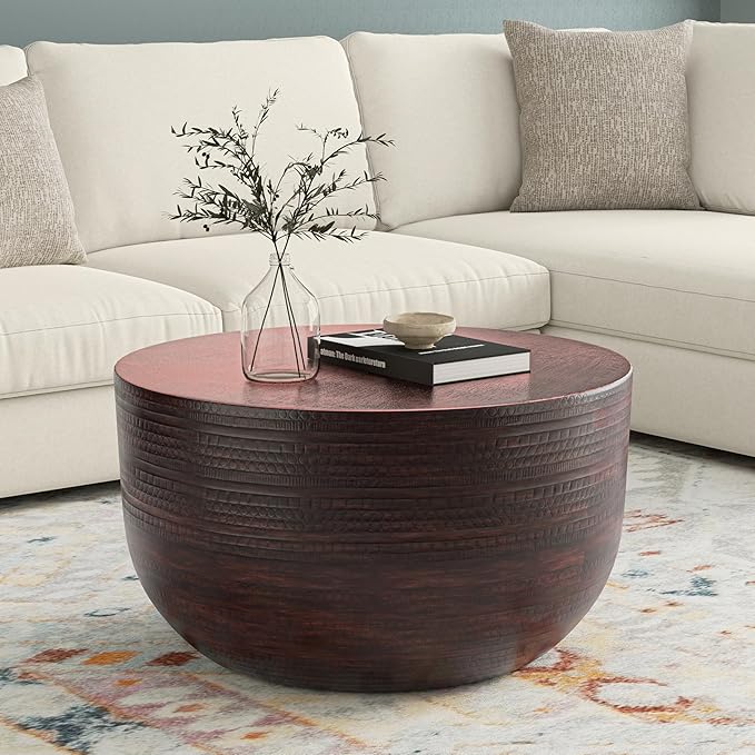 SIMPLIHOME Johnsen 30-inch Wide Metal Drum Coffee Table in Oil Rubbed Bronze, Boho-Style Cocktail Table for Living Room or Family Room, Assembled
