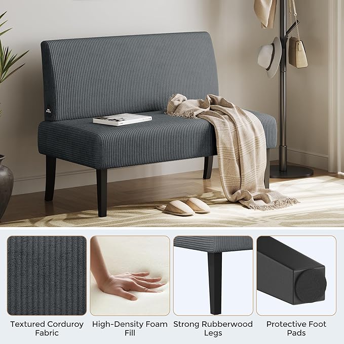 Yaheetech Small Comfy Sofa Mini Loveseat Couch 2-Seater Armless Sofa Chair, Corduroy Fabric & Easy Assembly, for Small Spaces Living Room,Bedroom,Dorm,Office, Dark Grey