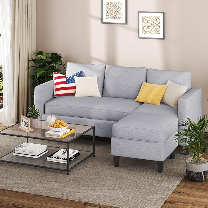 Small Sectional Sofa Couch, 3 Seat L Shaped Couches with Ottoman, Upholstered Fabric Convertible Sofa, Small Couch for Apartments, Living Room and Office (Light Grey)
