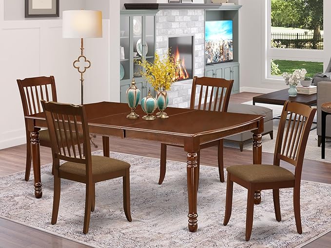 East West Furniture DODA5-MAH-C 5 Piece Dinette Set Includes a Rectangle Dining Room Table with Butterfly Leaf and 4 Linen Fabric Upholstered Dining Chairs, 42x78 Inch, Mahogany