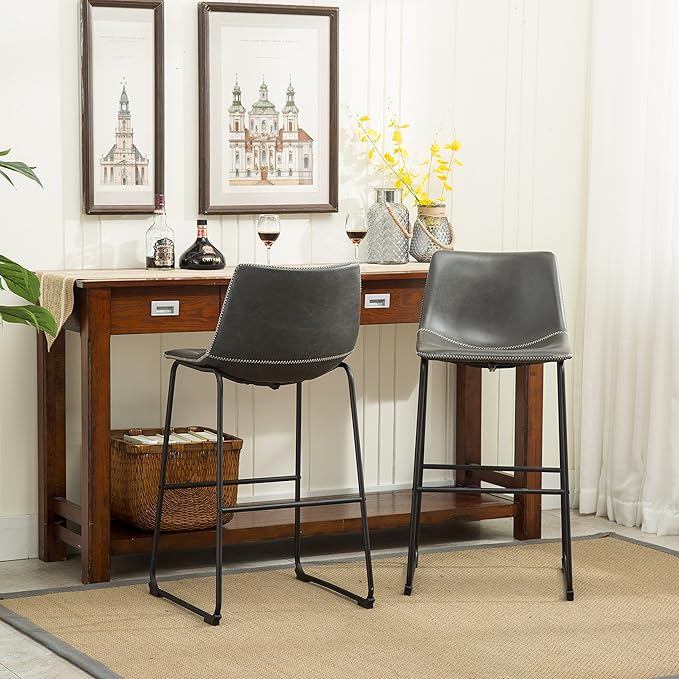 Roundhill Furniture Lotusville Vintage PU Leather Bar Stools, Antique Gray, Set of 2