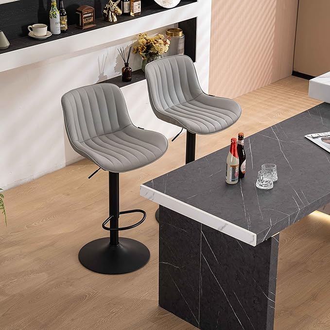 YOUNUOKE Counter Height Bar Stools Set of 2 Upholstered Kitchen Island Barstools Adjustable Swivel Stools with Back Mid Century PU Leather Padded Chairs Grey