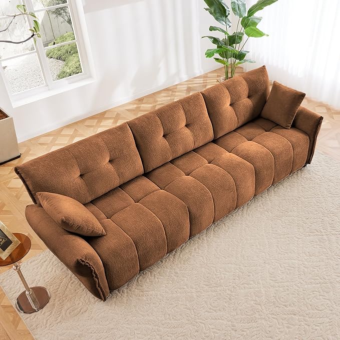 Modern Chenille Fabric 3-Seat Sofa w/ 2 Pillows, Premium Upholstery Living Room Couch with Tufted Backrest & Comfortable Armrests and High-Resilience Memory Foam Cushions,Orange