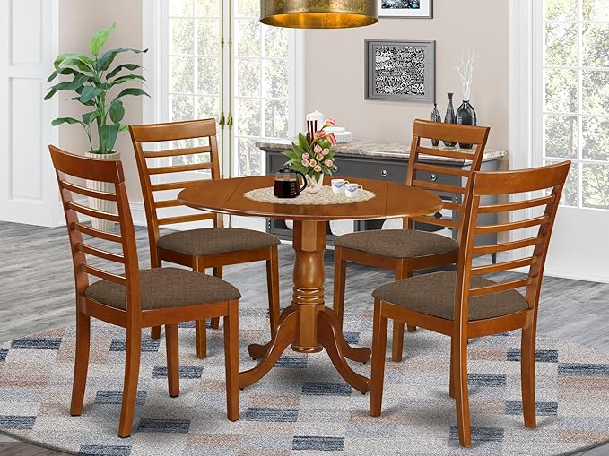 East West Furniture DLML5-SBR-C 5 Piece Dinette Set for 4 Includes a Round Dining Room Table with Dropleaf and 4 Linen Fabric Upholstered Dining Chairs, 42x42 Inch, Saddle Brown