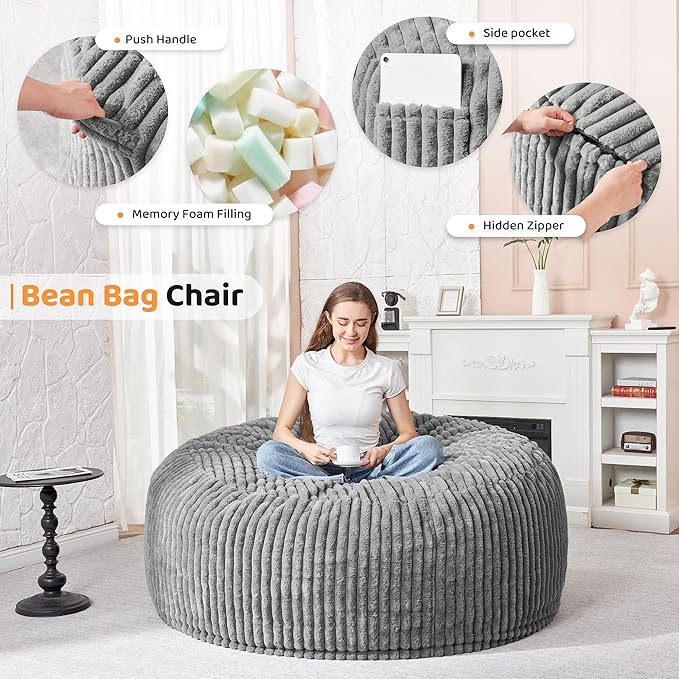 HABUTWAY 4FT Bean Bag Chair, 4' Large Bean Bag Chairs for Adults with Removable Stripe Plush Cover, Memory Foam Beanbag Chair for Living Room Bedroom Dorm (Grey)