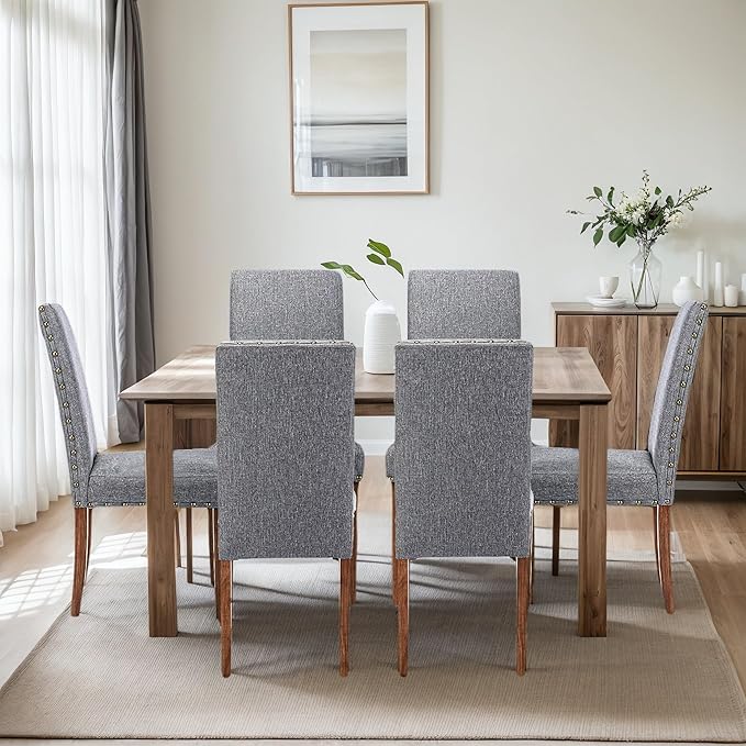 Parsons Kitchen Dining Chair Set Room Modern Upholstered Stylish Fabric High Back with Bronze Nailhead Trim