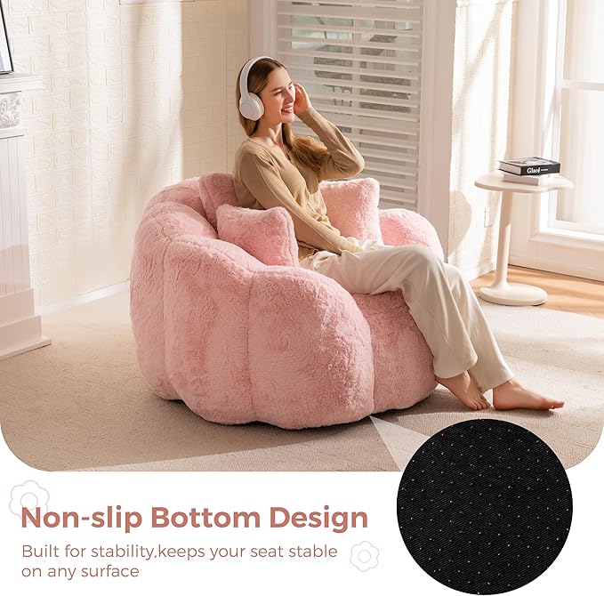 MAXYOYO Bean Bag Chair with 3 Pillows, Oversized Floral Shaped Bean Bag Sofa for Adults, Ultra Soft Faux Fur Floor Sofa, Large Stuffed Reading Chair for Living Room Bedroom, Pink