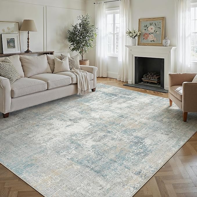 8x10 Washable Area Rug Blue Cream Modern Neutral Abstract Living Room Bedroom Indoor Floor Carpet Low Pile Soft Non-Slip Lightweight Vacuumable Large Throw Rug for Nursery Dining Room
