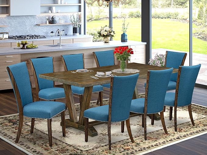 East West Furniture V777VE721-9 9 Piece Modern Dining Table Set Includes a Rectangle Wooden Table with V-Legs and 8 Blue Color Linen Fabric Parsons Dining Chairs, 40x72 Inch, Multi-Color