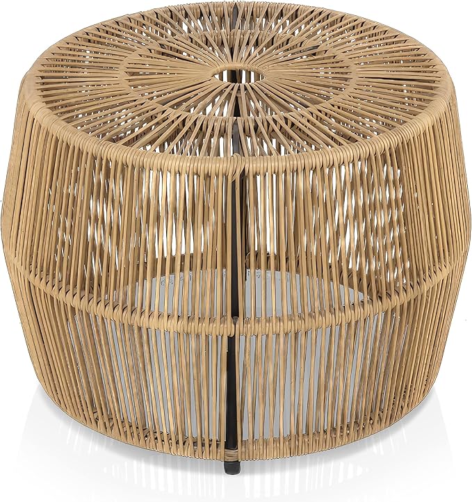 Muse & Lounge Co. Ysar Boho Rattan Round Coffee Table Outdoor with Metal Frame, All-Weather and Rust Resistant, Handcrafted Coastal Furniture for Patio, Poolside, Garden, Yard, Natural Brown