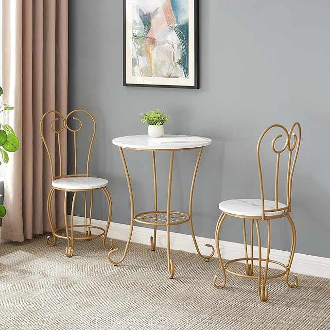 JOIN IRON 2-Piece Bistro Dining Set for Indoor Use, Marble-Look Tabletop with Gold Metal Frame, Vintage French Café Style Round Table and Chairs for Kitchen, Breakfast Nook, Small Apartment (Gold)