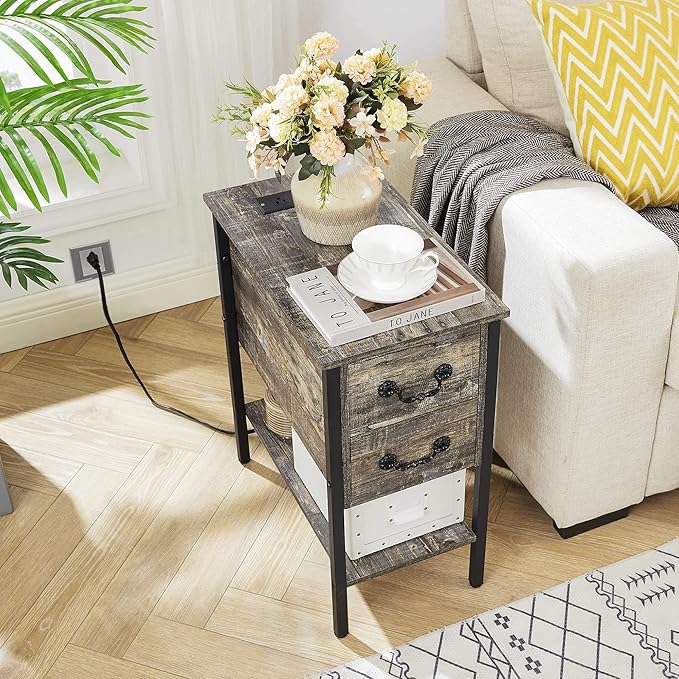 VECELO End Tables,Narrow Nightstands with Charging Station & USB Ports &Drawers,Night Stand for Living Room, Bedroom,Graylish