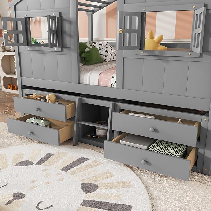 KEIKI Full Size Wooden House-Shaped Loft Bed with Roof, Windows, 4 Storage Drawers, Guardrail, Ladder, for Boys and Girls, Loft Bed with Slats, Easy Assembly, No Box Spring Required, for Bedroom, Grey