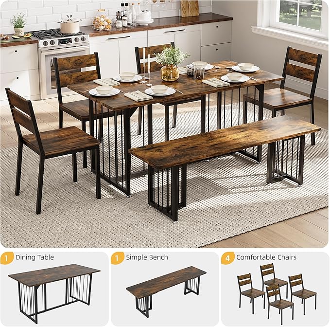 DWVO 63 Inch Dining Table Set for 6-8 People 6-Piece Large Kitchen Table Set with 2 Benches and 4 Chairs Farmhouse Rectangular Dining Room Table for Kitchen Dining Room Apartment Rustic Brown