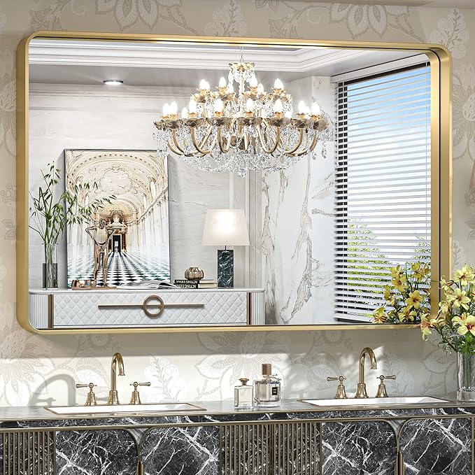 TokeShimi 55 x 36 Inch Brushed Gold Bathroom Mirror for Wall Vanity Mirror with Non-Rusting Aluminum Alloy Metal Frame for Modern Minimalist Farmhouse Home Decor (Horizontal/Vertical)