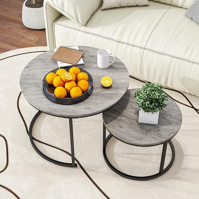 Nesting Round Coffee Table Set of 2 End Tables for Living Room,Grey Coffee Table Wooden Accent Furniture with Metal Frame,Stacking Side Tables,Black+Warm Grey