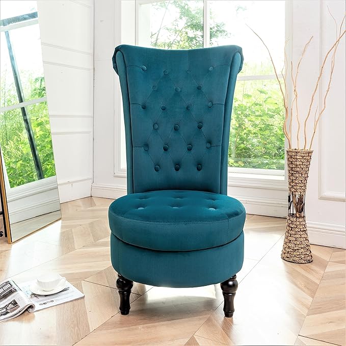 Container Furniture Royal High-Back Velvet Accent Chair for Vanity with Storage and Luxurious Upholstery, Retro Design and Versatile Usage for Livingroom, Bedroom, Lounge and Office, Greenish Blue