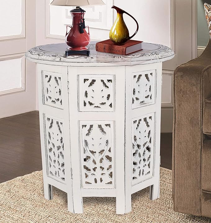 The Wooden Town Handcrafted White Wood End Table - Antique Finish, Small Accent Table 18"x18" for Living Room, Bedroom, Sofa Side or Nightstand Use