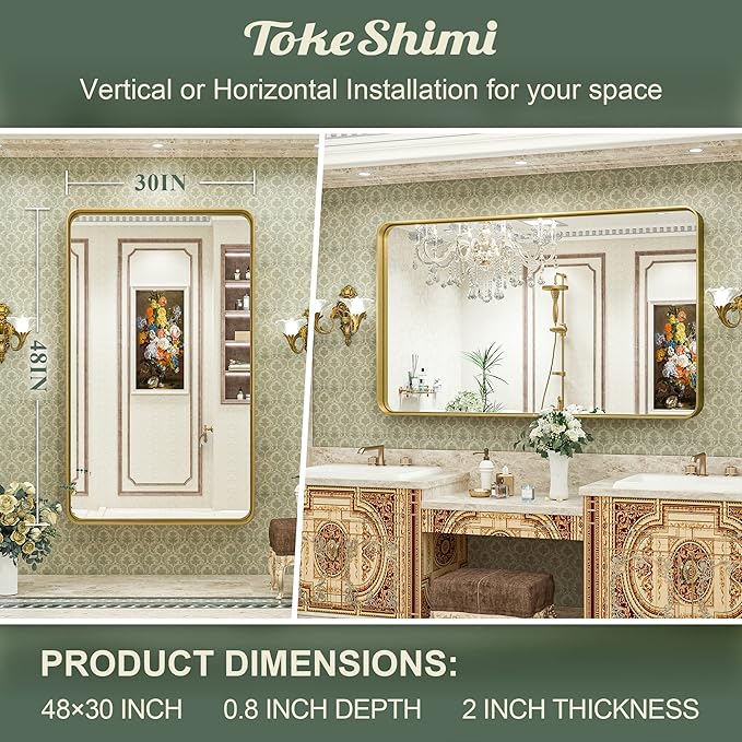 TokeShimi Gold Bathroom Mirror for Wall 48 x 30 Inch Metal Rounded Corner Rectangle Mirror Wall Mirror in Aluminum Alloy Metal Frame Deep Set Design Hangs Horizontal Or Vertical