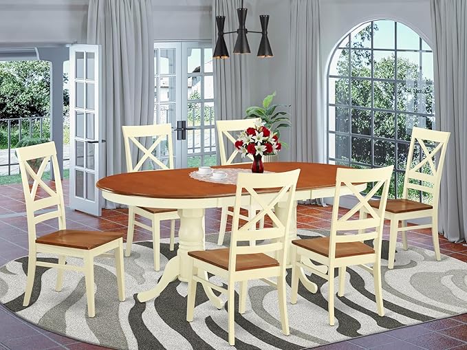 East West Furniture PLQU7-WHI-W 7 Piece Kitchen Table & Chairs Set Consist of an Oval Dining Room Table with Butterfly Leaf and 6 Solid Wood Seat Chairs, 42x78 Inch, Buttermilk & Cherry