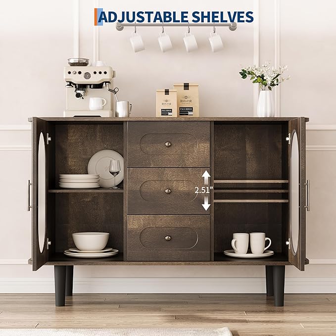 GarveeHome 47.2" Sideboard Buffet Cabinet with 2 Fluted Glass Doors & 3 Drawers, Modern Farmhouse Accent Coffee Bar with Adjustable Shelves for Kitchen, Living Room, Hallway, Walnut