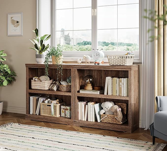 LINSY HOME 2-Tier Bookcase and Bookshelf, Small Wood Display Storage Shelves Farmhouse Bookshelf for Home Office, Living Room, Bed Room - Dark Brown