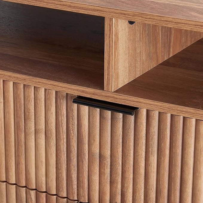 Manhattan Comfort Dumbo Mid Century Modern TV Stand for Televisions up to 60 Inches, Home Entertainment Center with Storage, 6 Shelves, 2 Drawers, No Tool Assembly, 63" Wide, Golden Brown