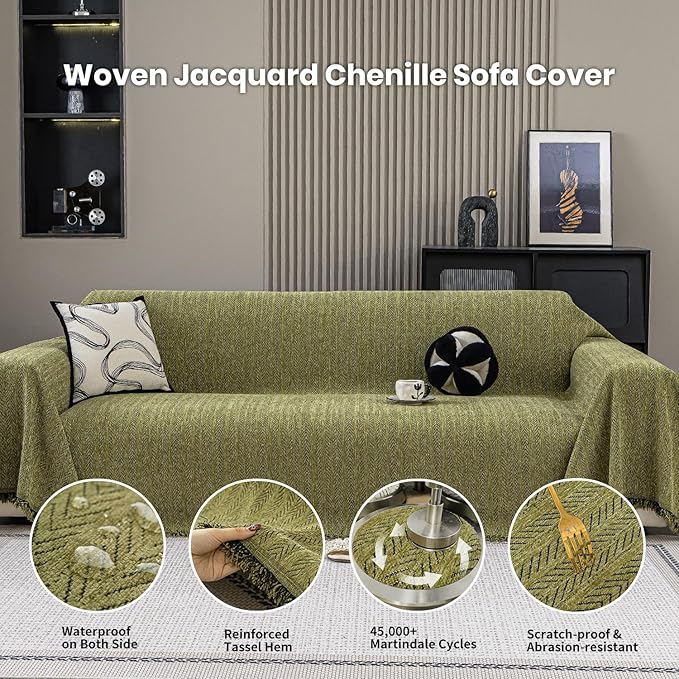 Nobildonna Sofa Cover Washable Soft Thicken Chenille Couch Cover with Tassel,Waterproof Sofa Slipcover for 3-4 Cushion Couch,Sectional Sofa,L-Shaped Furniture Protector Pet-Friendly,Green 71"x150"