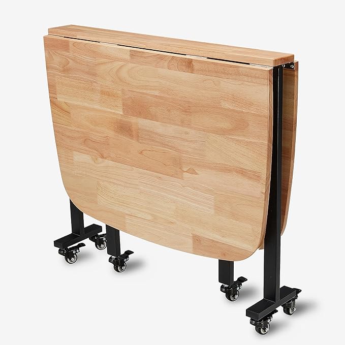 Multifunction Table Drop Leaf Dining Table - 47" Solid Wooden Foldable Kitchen Table with 6 Wheels (Natural)
