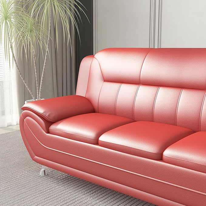 Container Furniture Direct Michael Modern Faux Leather Upholstered Stainless Steel Legs Living Room Sofa, Loveseat, Persian Red
