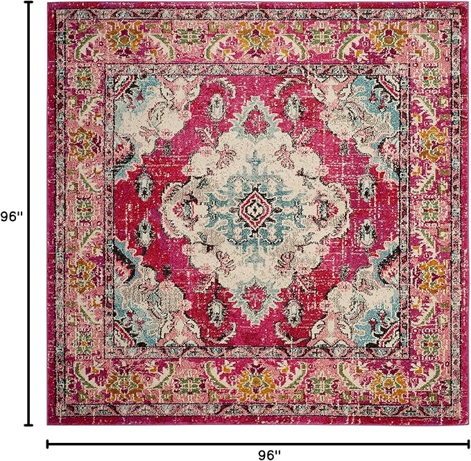 SAFAVIEH Monaco Collection Area Rug - 8' Square, Pink & Multi, Boho Chic Medallion Distressed Design, Non-Shedding & Easy Care, Ideal for High Traffic Areas in Living Room, Bedroom (MNC243D)