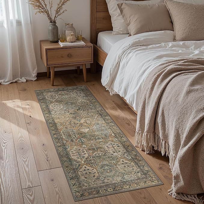 GENIMO 2x12 Runner Rugs for Hallway, Machine Washable Non Slip Vintage Rugs, Low Pile Lightweight Soft Print Rug for enrtyway, Corridor, Home Office, Kitchen, Warm Taupe