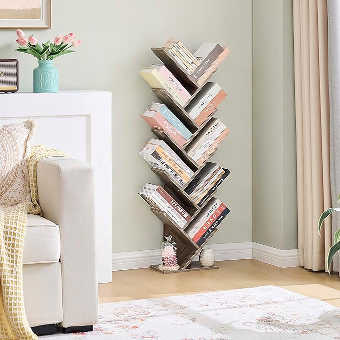 Hoctieon 10 Tier Tree Bookshelf, 10 Shelf Bookcase, Free Standing Tree Bookcase, Display Floor Standing Shelf for Books, Book Organizer Shelves for Home Office, Living Room, Bedroom, Greige