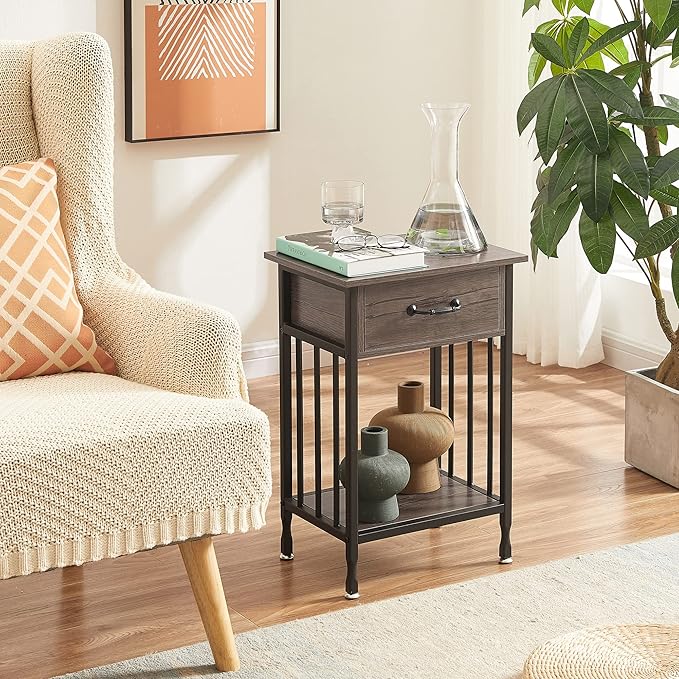 VECELO Nightstands Set of 2, Industrial Side Table/End Tables with Drawer and Storage Shelf, Night Stands for Bedroom, Living Room, Wood Metal Furniture, Easy Assembly