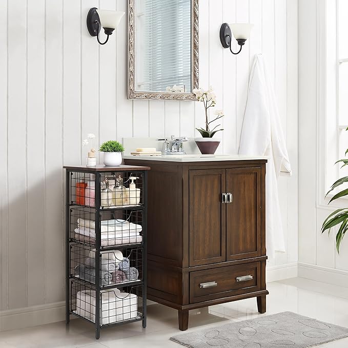 5-Tier FreeStanding Storage Shelves with 4 Pull-Out Baskets,Bathroom Organizer Shelves Unit with WoodTop,Fruit Basket for Kitchen,Storage Tower Organizer Basket Cart for Bathroom，Black