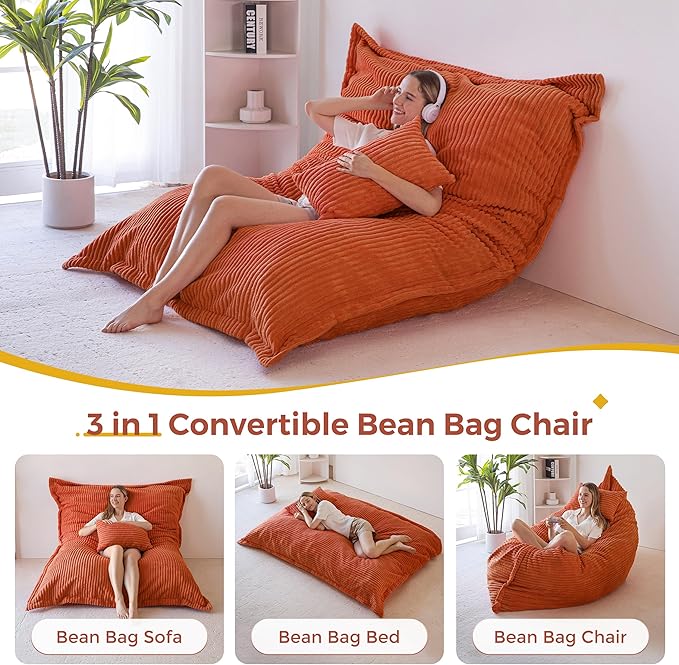 MAXYOYO Giant Bean Bag Chair with Pillow, 3 in 1 Convertible Bean Bag Chair for Adults with Washable Cover, Removable Floor Cushion Stuffed Floor Lounger for Living Room Bedroom, Orange, Full
