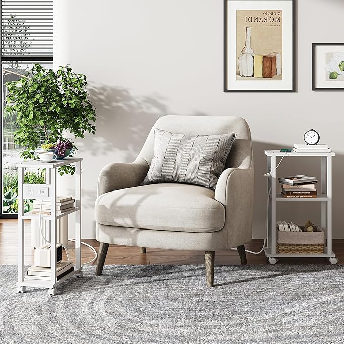 TUTOTAK Small Narrow Side Table with Charging Station, Skinny End Table for Small Spaces, Slim Nightstand with USB Ports and Outlet, Sofa Beside Table with Wheels, White TB01BW046