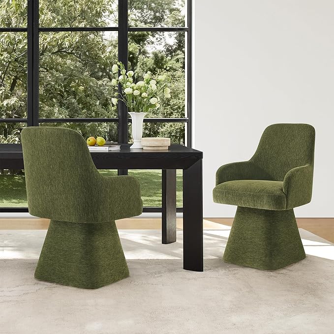 Swivel Dining Chairs Set of 2, Mid Century Modern Chairs Fabric Upholstered Armchair with Armrest & Ergonomic Backrest for Dining Room, Kitchen, Bedroom, Living Room, Green, 2 Boxs