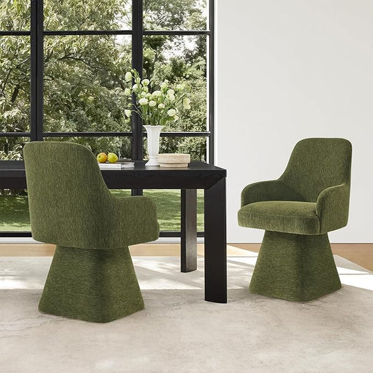 Swivel Dining Chairs Set of 2, Mid Century Modern Chairs Fabric Upholstered Armchair with Armrest & Ergonomic Backrest for Dining Room, Kitchen, Bedroom, Living Room, Green, 2 Boxs